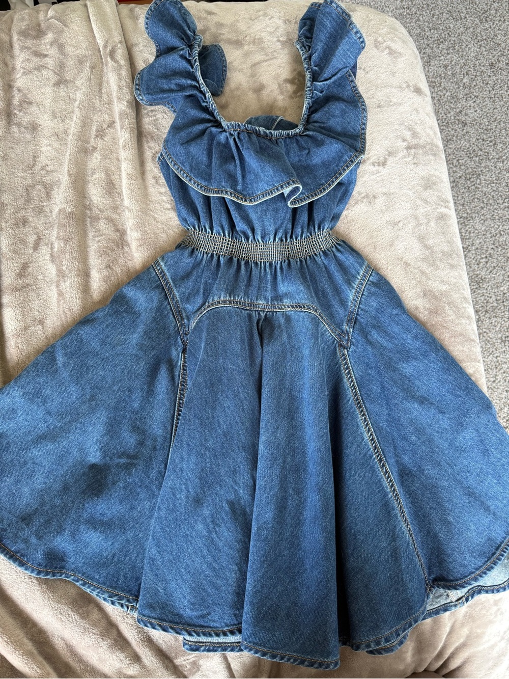 Self-Portrait Denim Ruffle Mini Dress US 6 Open Back - Picture 6 of 10